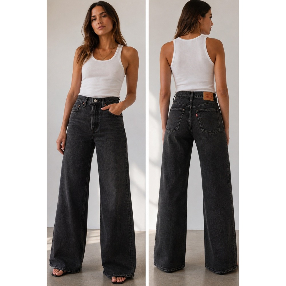 Levis Premium Ribcage Wide Leg Jeans Faded Black High Rise Denim 25